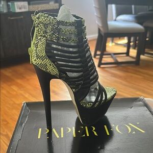 Paper Fox Black and Green Stiletto Heels